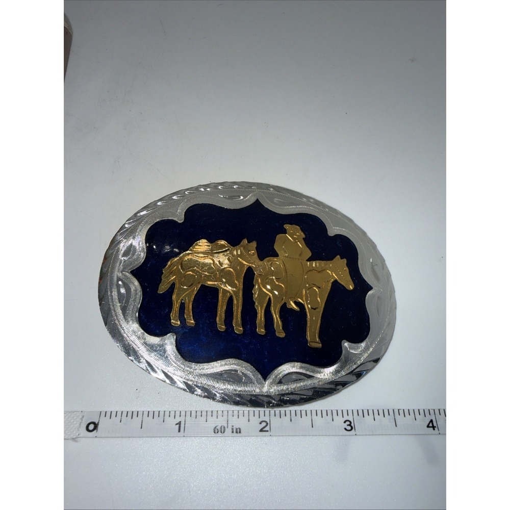 German Or Alpaca Silver Belt Buckle Hencho In Mexico Gold Rider Not Used A26